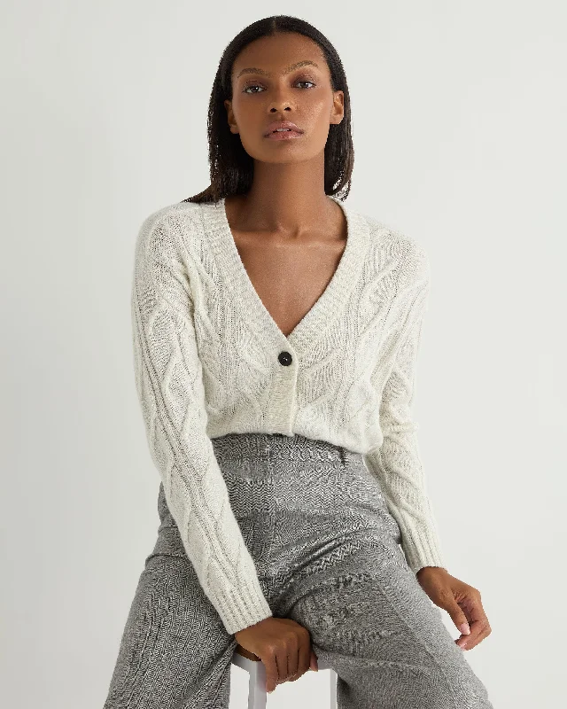 ribbed knit floral cardigans -Women's V Neck Cable Cashmere Cardigan With Lurex Snow Grey Sparkle