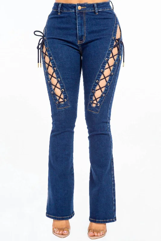 bold checkered dress pants -Chic Lace Up High Rise Denim In Dark Blue