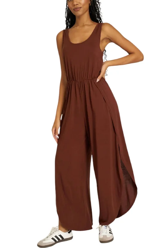 elegant fitted sweat pants -Do It Again Scoop Neck Jumpsuit In Brown