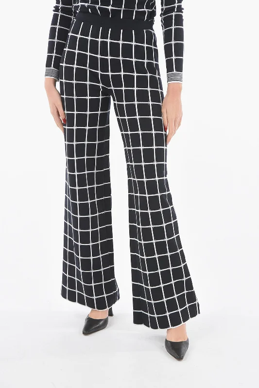 trendy pleated chino pants -DROMe Windowpane-checkered Jersey Flared Pants with Scalloped Hem