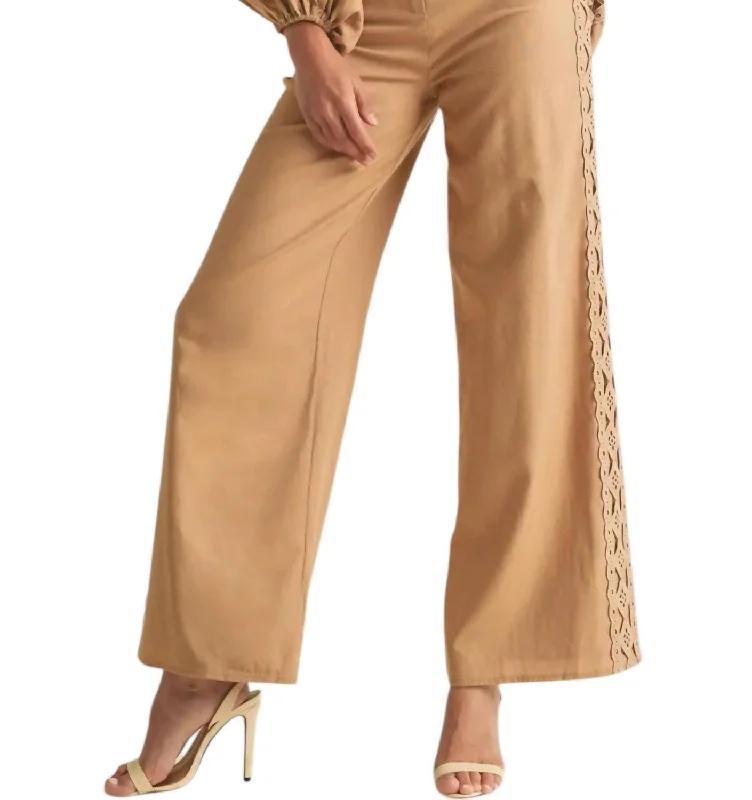 cozy fleece jogger pants -Embroidered Lace Pants In Tan