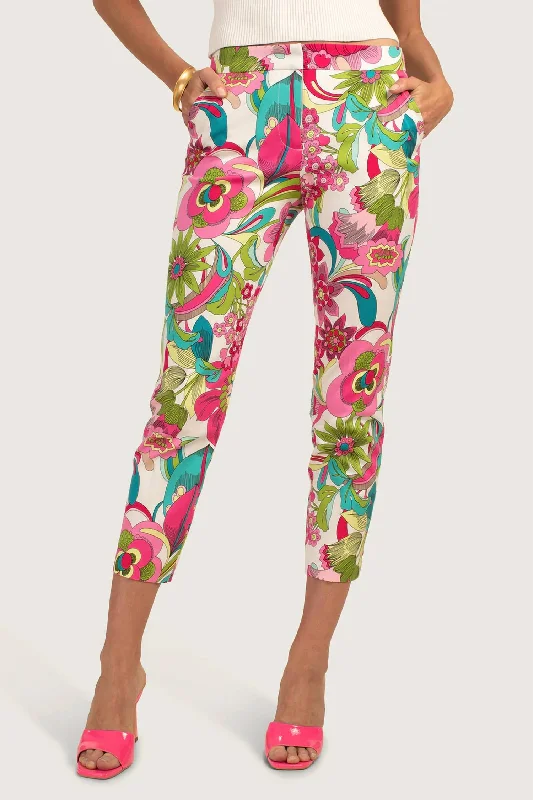 cozy corduroy pants -Fab Floral Print Super Stretch Ankle Pants In Pink