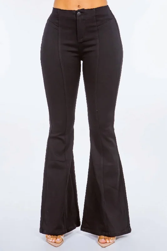 soft stretch denim pants -High Waist Pull On Flare Jeans In Black