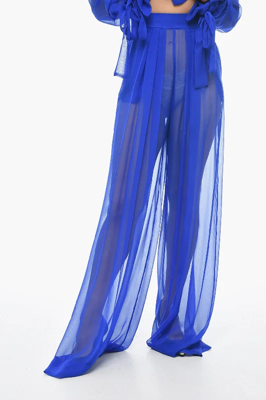 soft bamboo wide leg pants -LaQuan Smith Silk Chiffon Palazzo Pants with Side Zip