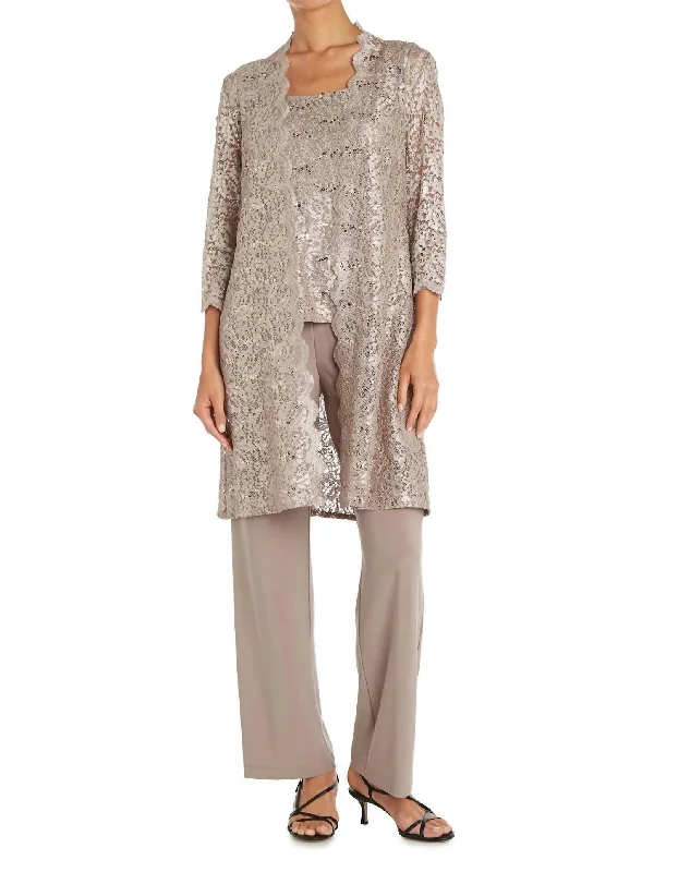 stretchy leggings wide leg pants -Metallic Lace Tank Jacket Set Pant In Champagne