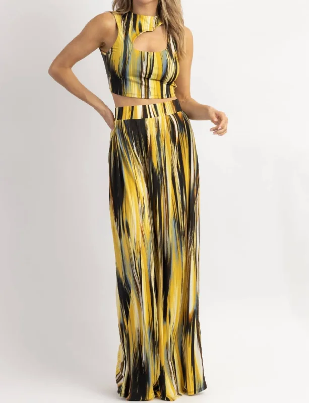 trendy pleated jogger pants -Palazzo Pants Top Set In Lucia Banana-Multi