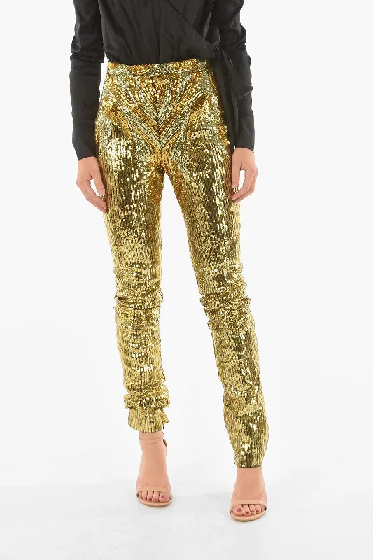 stretchy leggings jogger pants -Philipp Plein COUTURE Zipped Ankle ELEGANT Sequined Pants