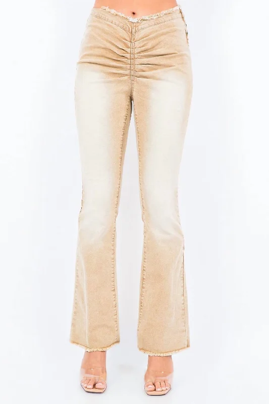 trendy track jogger pants -V-Cut Ruched Mid Flare Pants In Tan