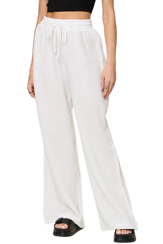 stretchy ribbed pants -Wide Leg Drawstring Pants In White