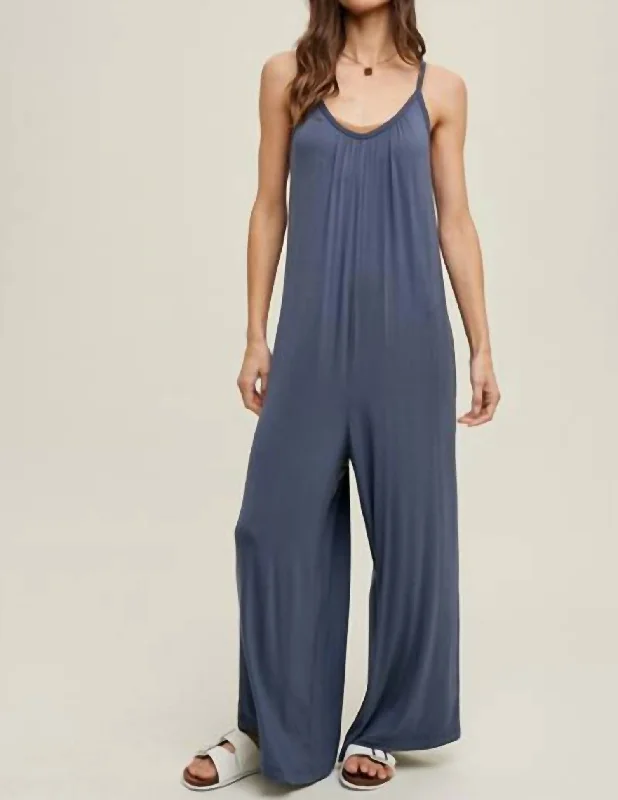 soft stretch denim pants -Wide Leg Jumpsuit In Blue