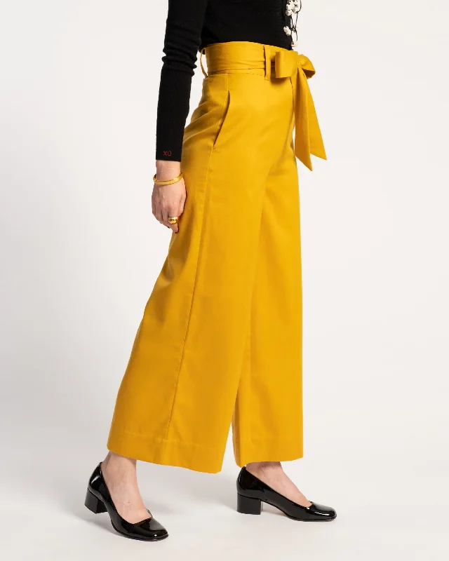 stretchy ribbed wide leg pants -Zoey Belted Cotton Pant Mustard